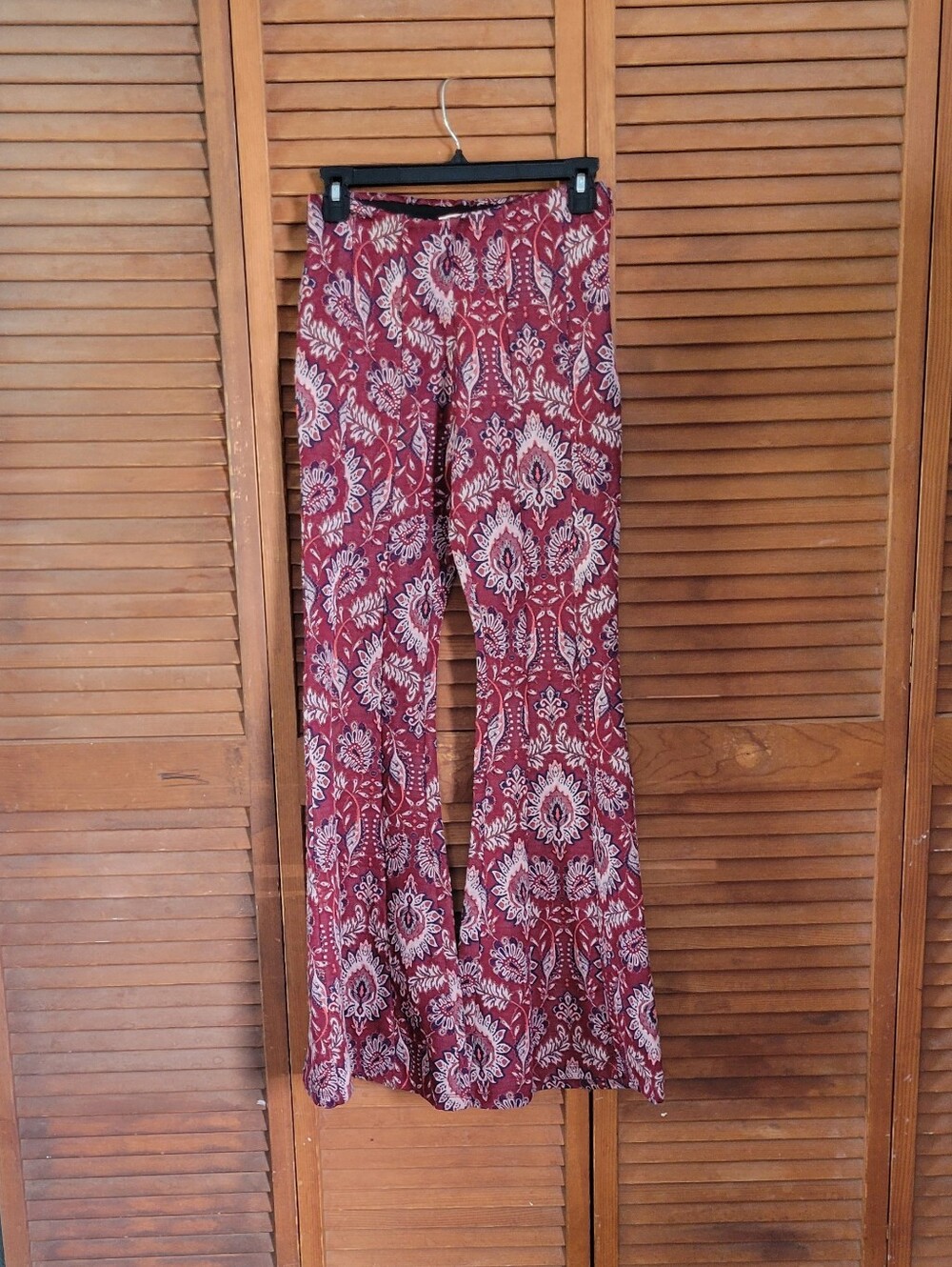 Anthropologie Floral Print Bell Bottom Pants in Burgundy